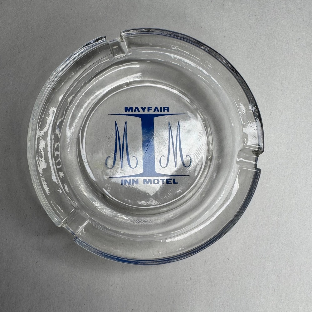 Vintage Mayfair Inn Motel Clear Glass‎ Ashtray Blue Logo Tobacciana Mid Century